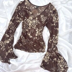 DS Design Brown Floral Paisley V-Neck Bell Sleeve Top Boho Retro Blouse